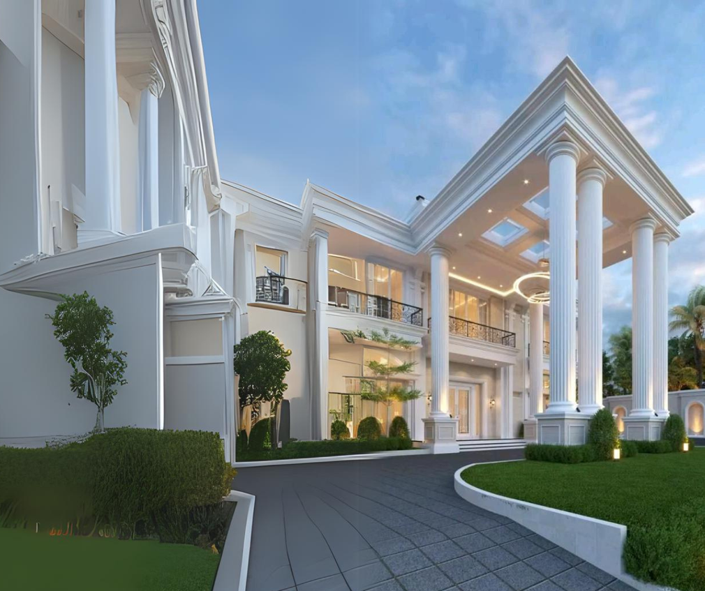 A grand, white multi-story mansion with tall columns, balconies, and a paved driveway under a blue sky at dusk.