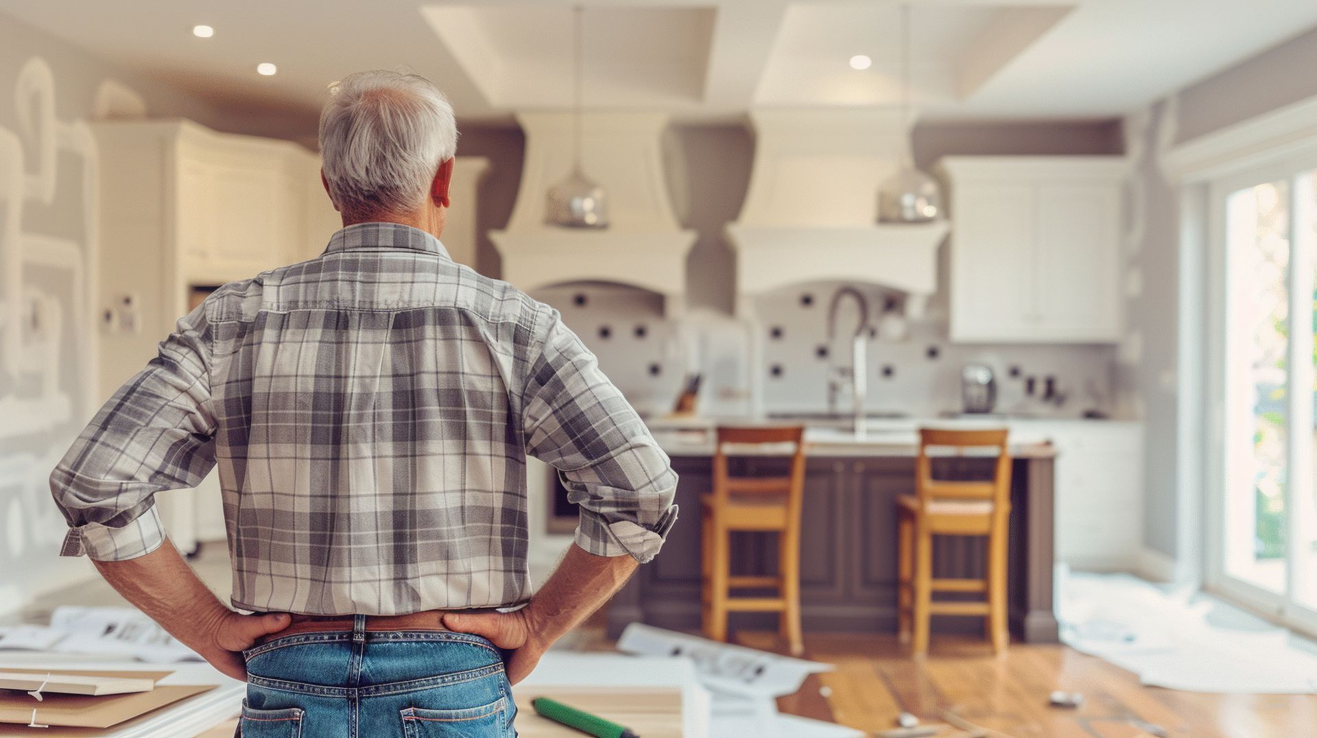 Man in plaid shirt surveys kitchen renovation, hands on hips.