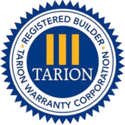 Blue and yellow Tarion Registered Builder logo, featuring the company name and three vertical yellow bars.