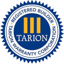 Blue and yellow Tarion Registered Builder logo, featuring the company name and three vertical yellow bars.