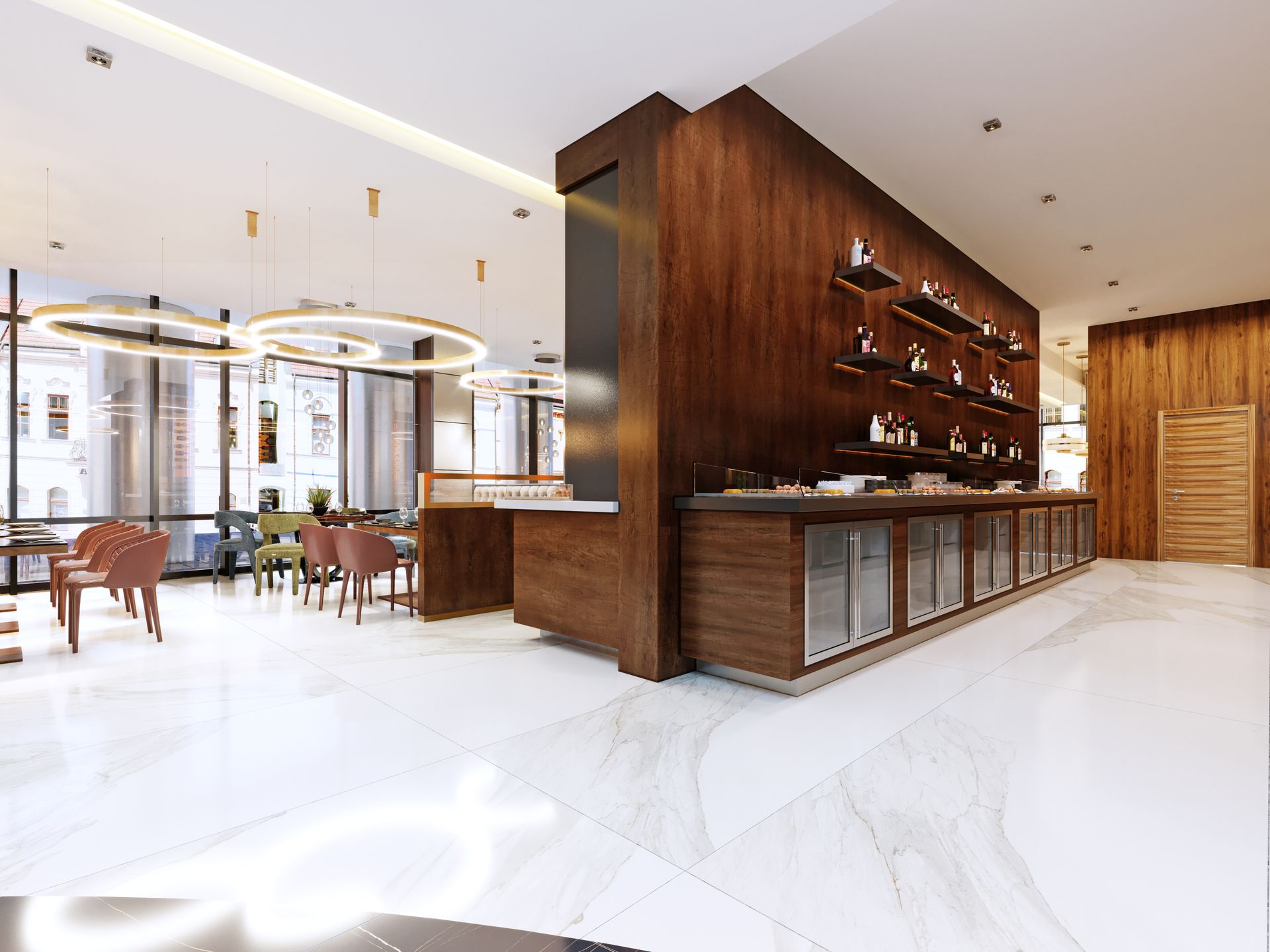 An artist 's impression of a restaurant with a bar and tables