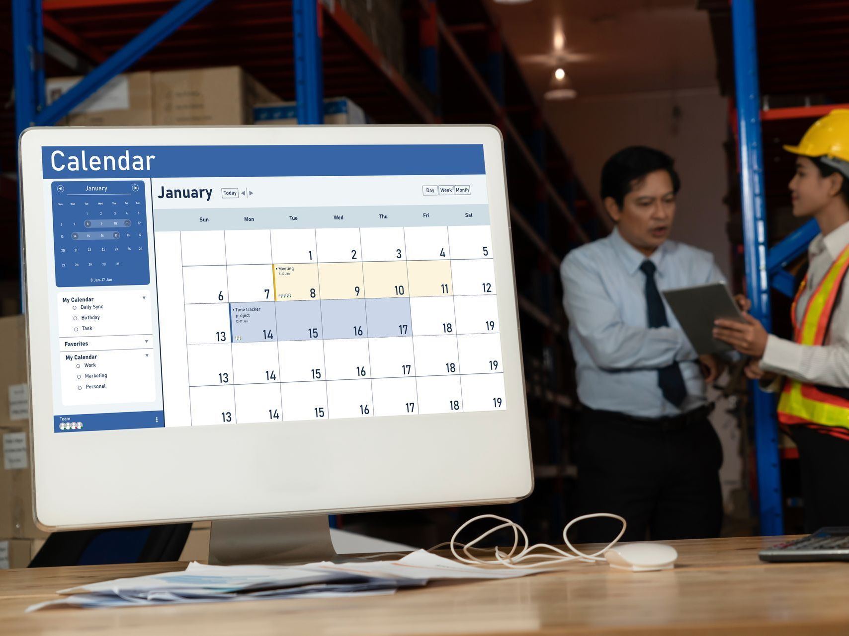 A man and a woman are looking at a calendar on a computer screen in a warehouse.