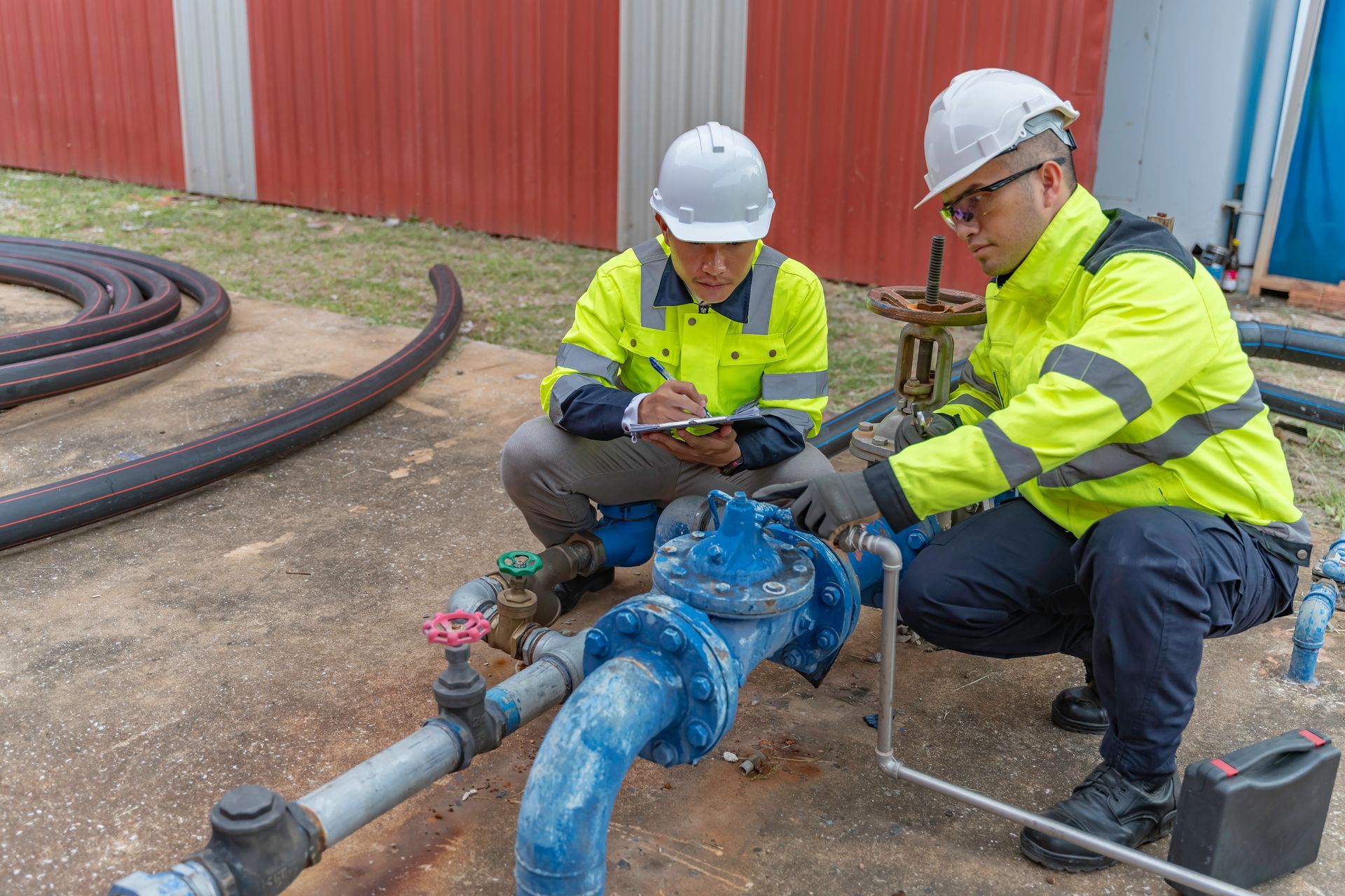 Two men are working on a pipe and one is writing on a clipboard.