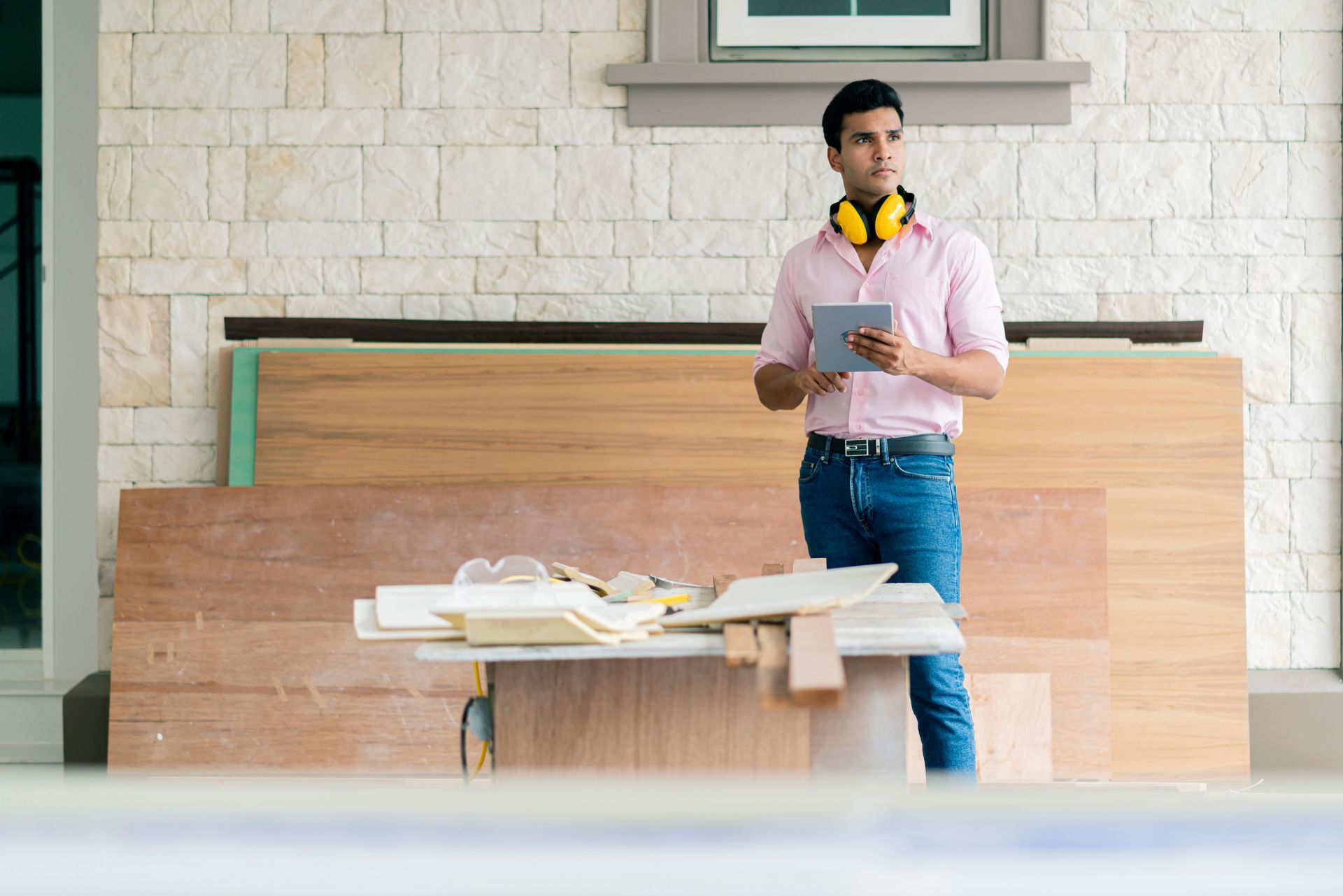 A man wearing headphones is standing in front of a table holding a tablet.