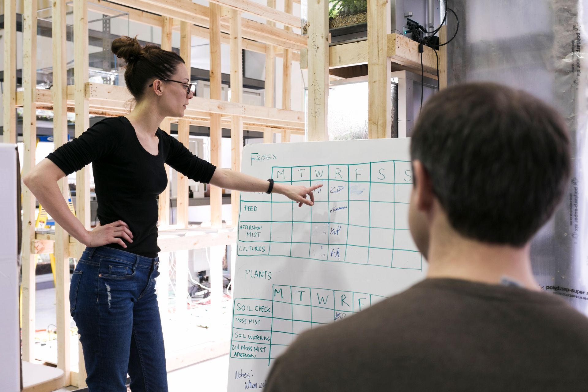 A woman is pointing at a whiteboard while a man looks on.