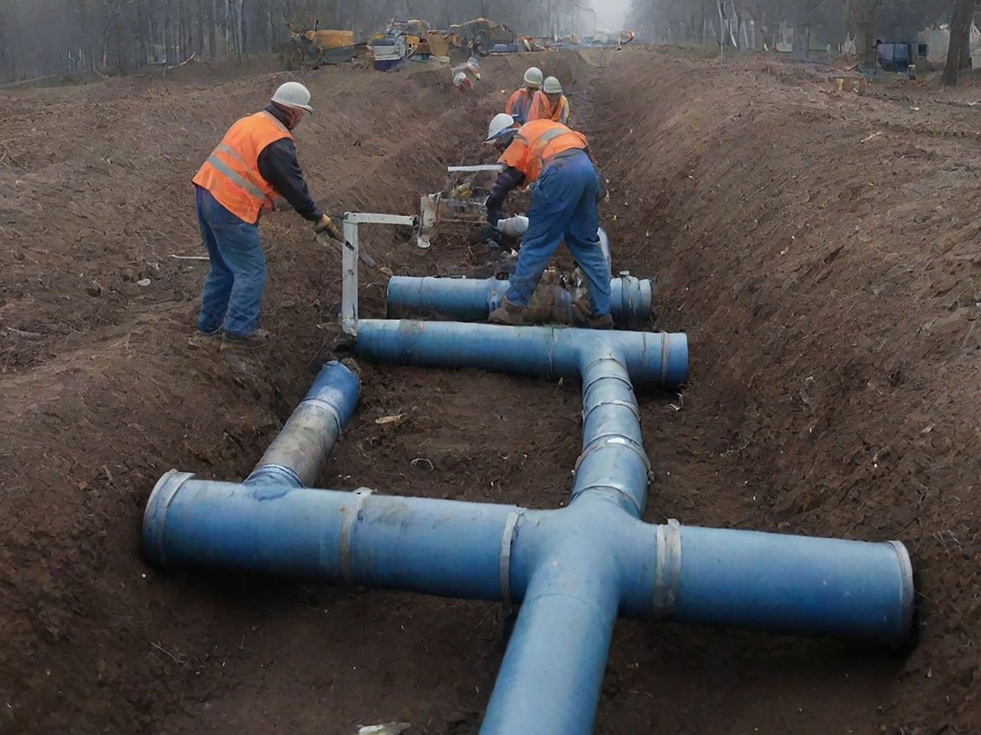 A group of construction workers are working in a trench with blue pipes