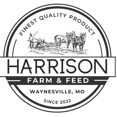 Harrison Farm & Feed logo with a farmer, horses, and text 