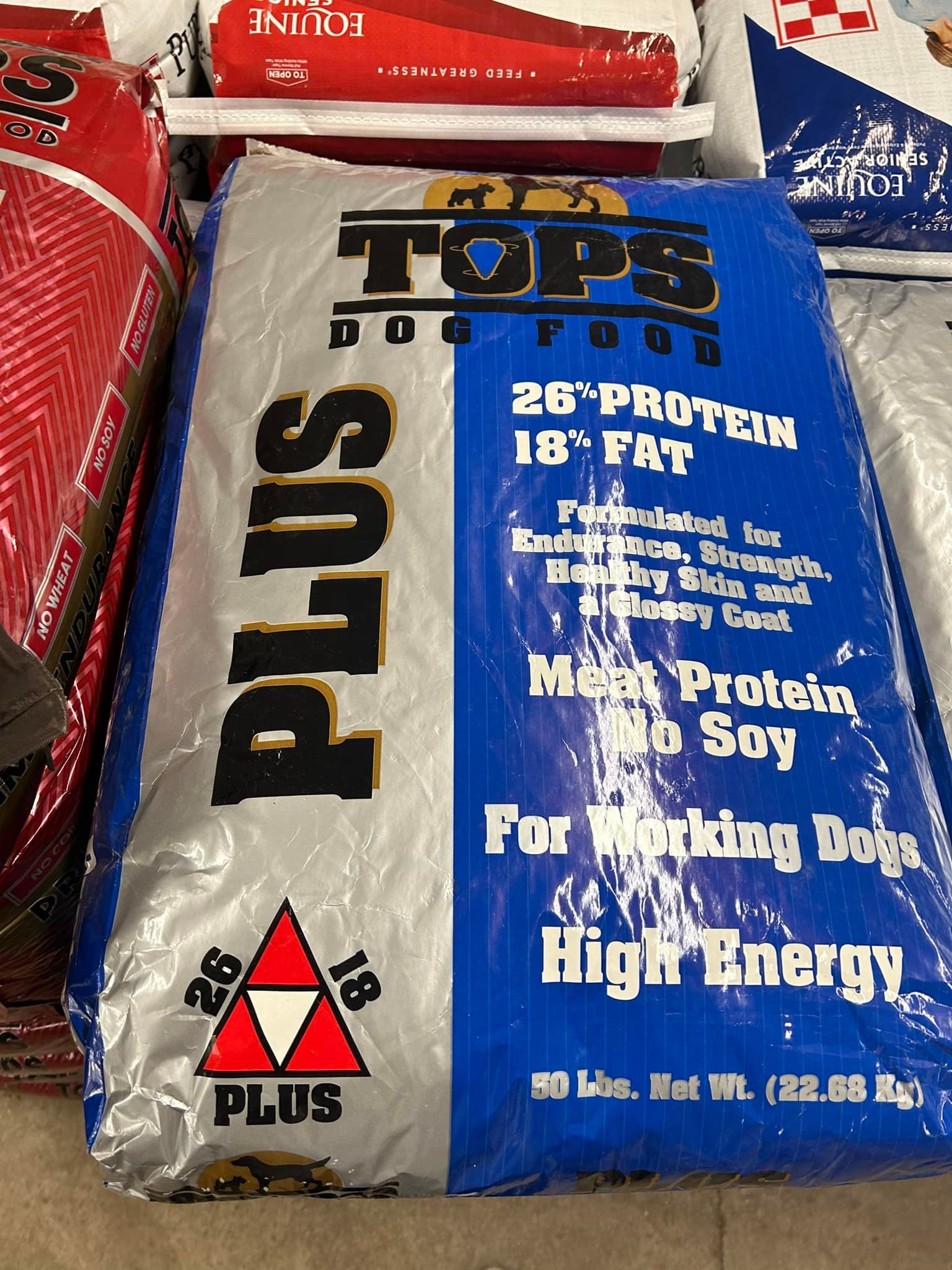 Bag of Tops Plus dog food, blue and silver, with