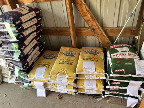 Stacks of animal feed bags inside a wooden barn. Bags are yellow, blue, green, and white.