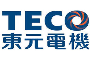TECO 標誌採用藍色文字，並採用獨特的橙色和藍色螺旋圖案。漢字位於字母下方。
