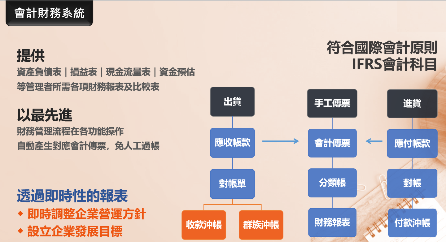 包含 IFRS 帳戶的會計系統圖。圖中展示了財務管理的工作流程和選項。