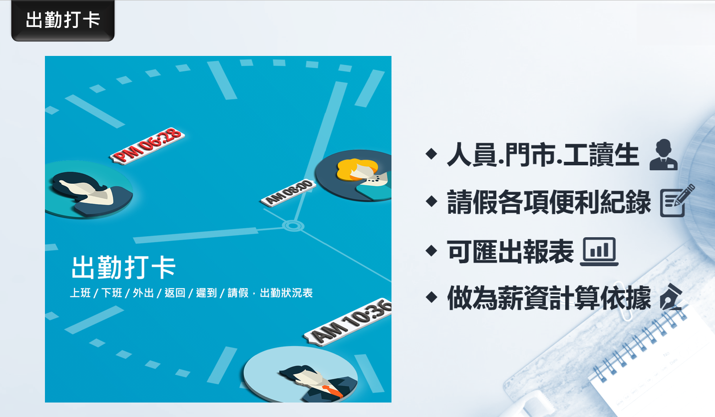時鐘主題考勤卡,包含員工詳細資料和功能:休假記錄、報告匯出和薪資計算。