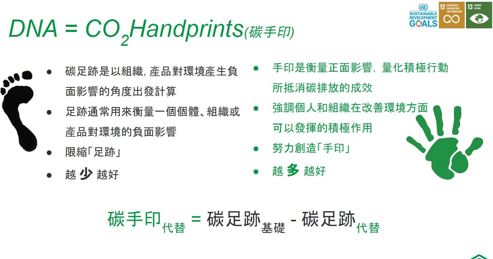 圖表顯示DNA相當於二氧化碳的手印。底部有腳印和手掌圖標,以及列表和公式。