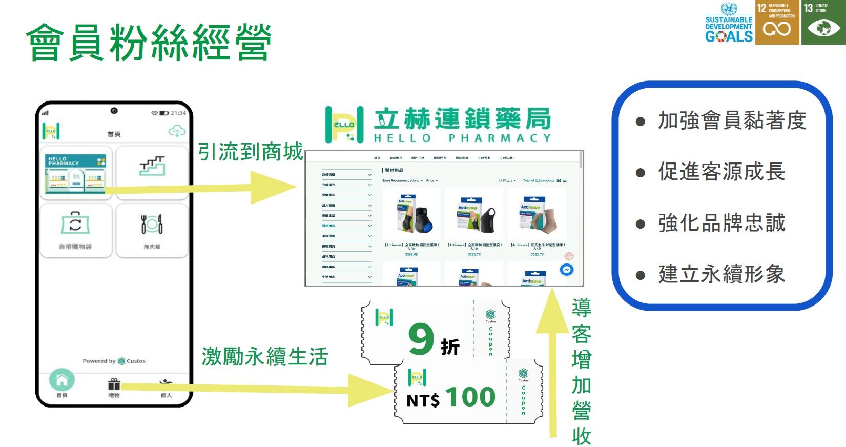 圖表展示了 Heho Pharmacy 的會員粉絲管理:應用程式、線上商店、優惠券和品牌計劃。