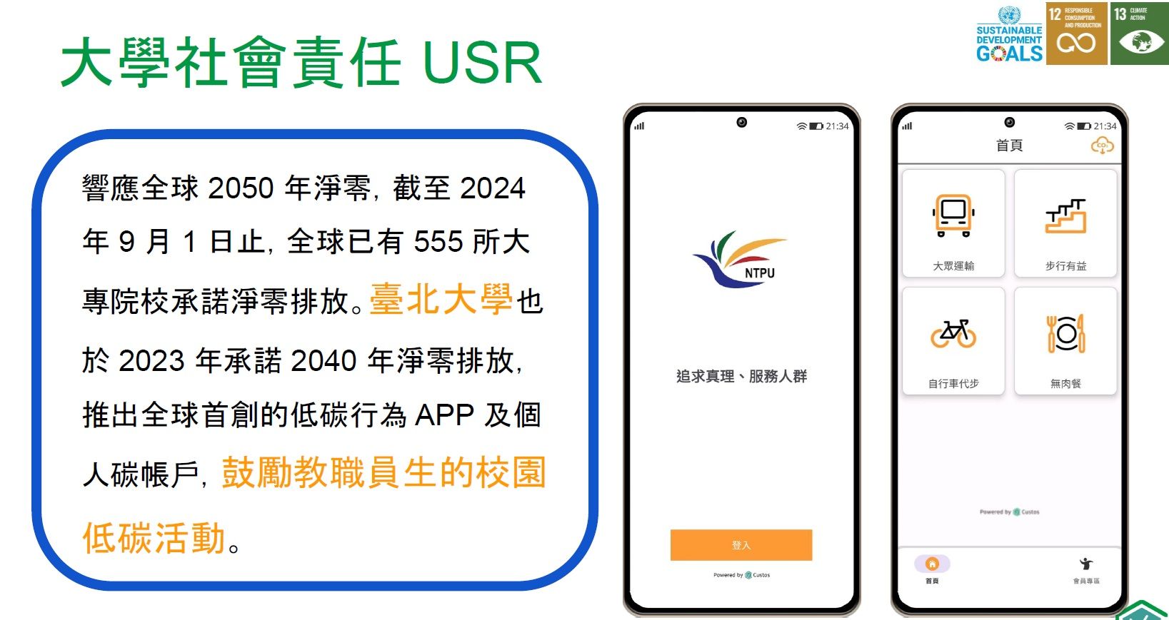 關於大學社會責任的幻燈片,包含文字和手機應用程式截圖。鼓勵低碳校園活動。