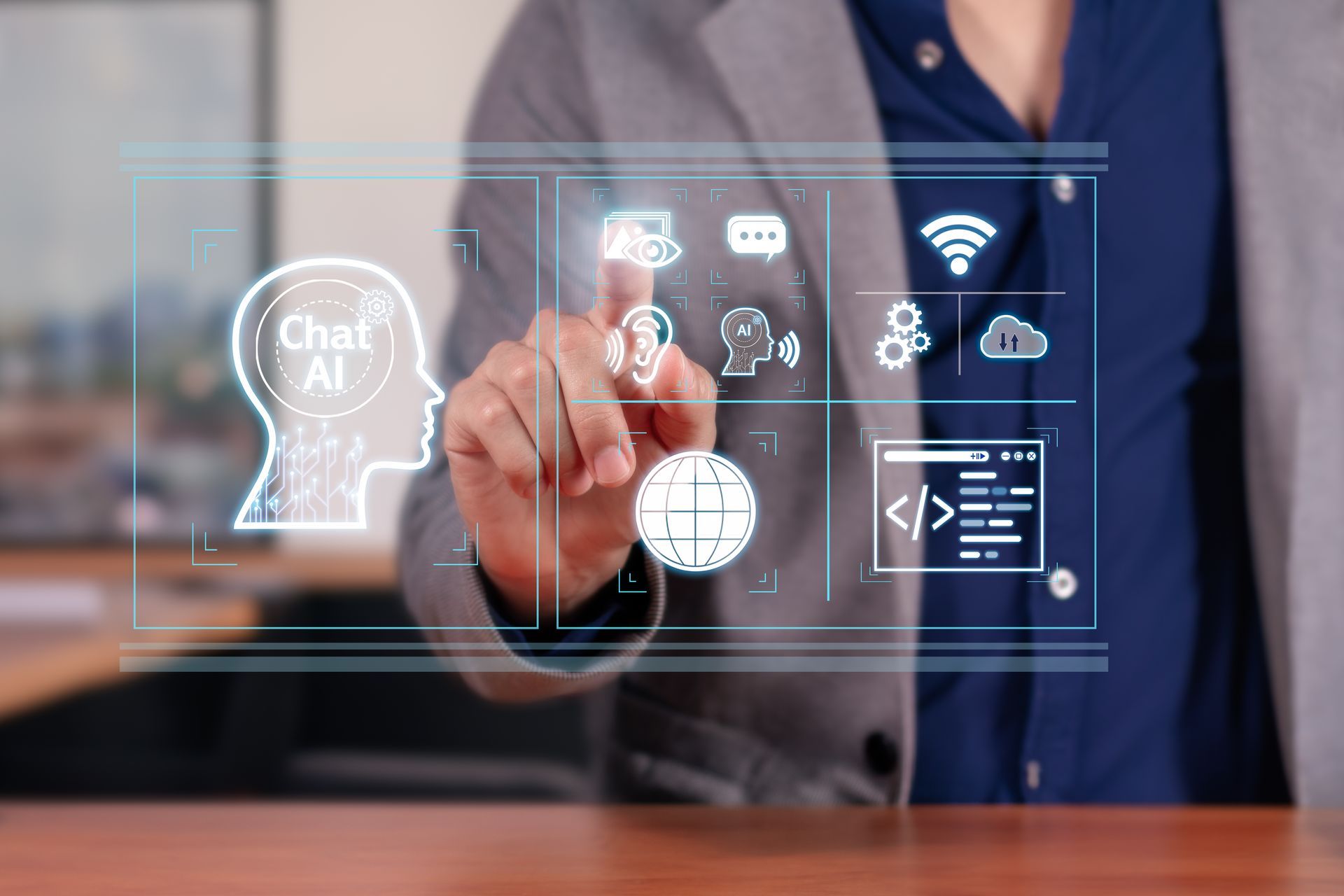 穿著西裝外套的人使用帶有人工智慧和技術圖標的觸控螢幕介面。