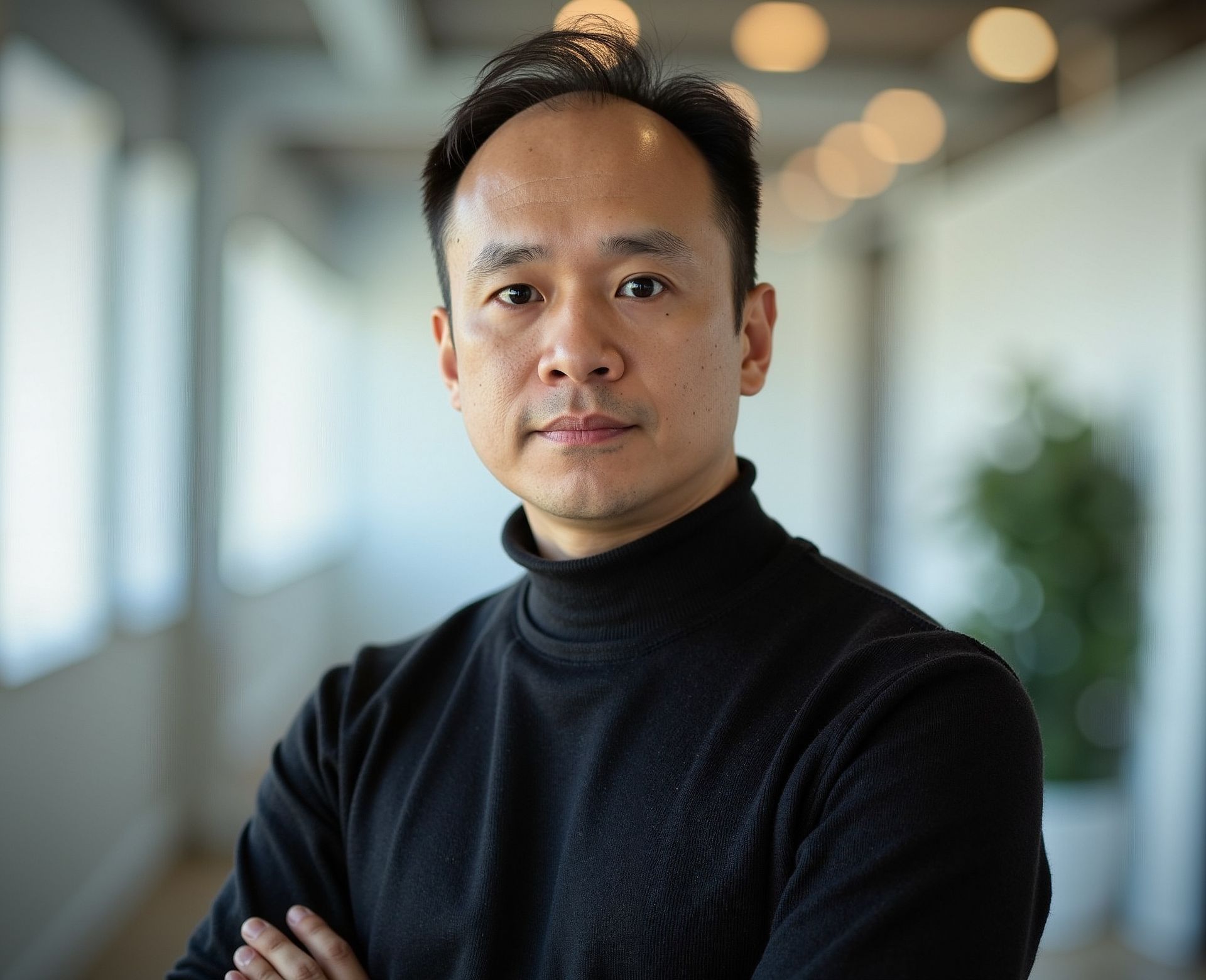 一名男子雙臂交叉，身穿黑色高領毛衣，在燈光明亮的走廊上看著鏡頭。