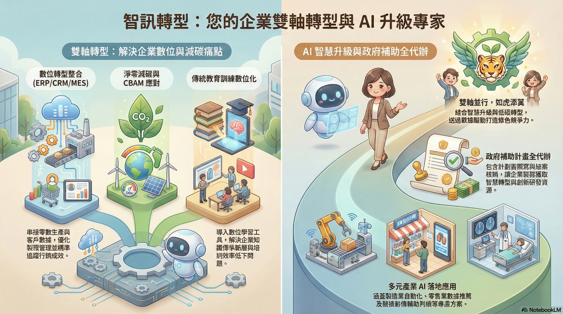 帶有文字的標誌：智慧數位創新，專注於小型企業的數位轉型。