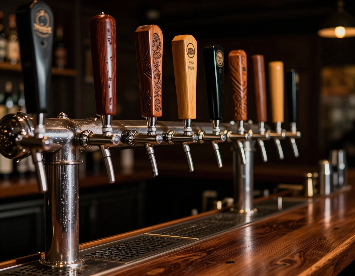 Close-up of draft beer taps along the bar