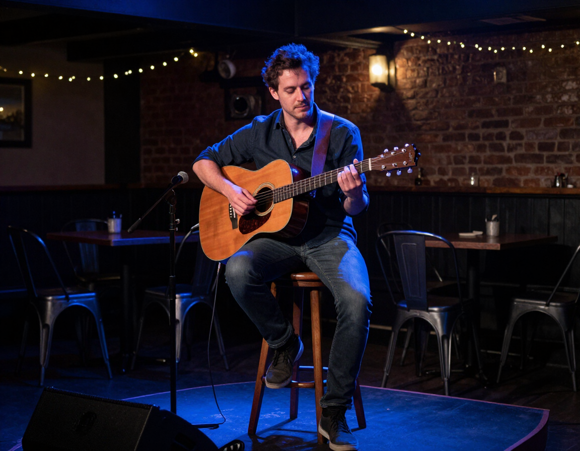 Acoustic solo performer on stage with blue stage wash