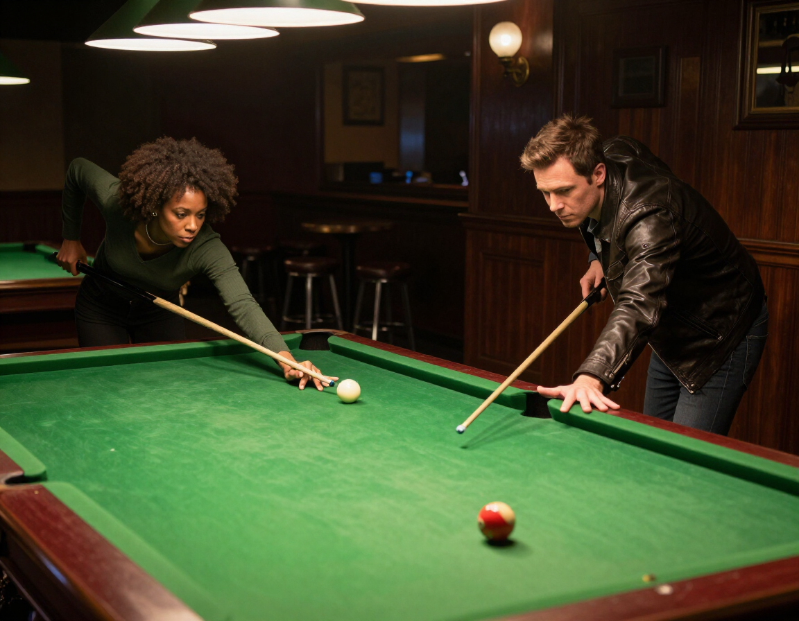 Pool table area with players mid-game in dim bar lighting
