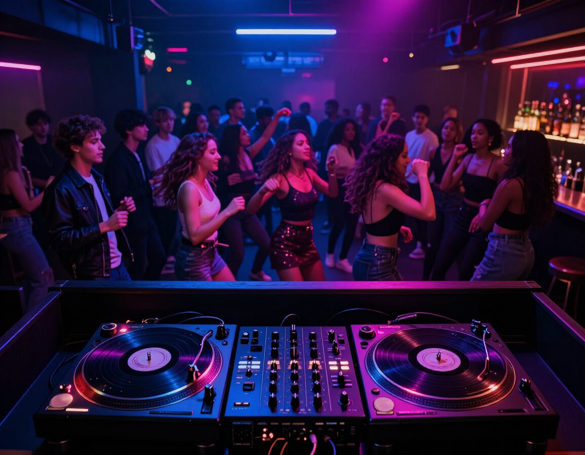 DJ setup with turntables and crowd on dance floor