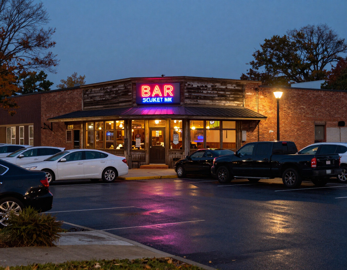 Exterior of Toot's Bar at dusk