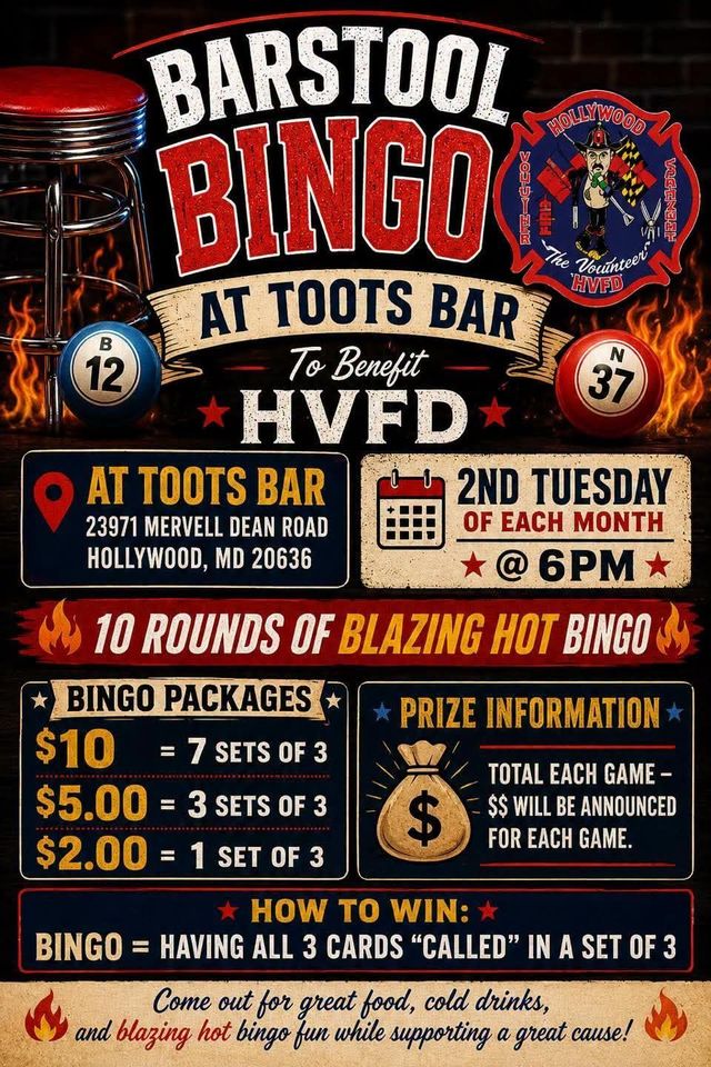 Bingo every 2nd tuesday at toots bar