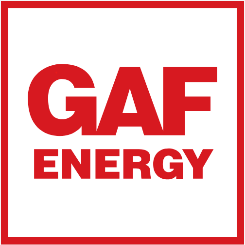 The logo for gaf energy is red and white in a square.