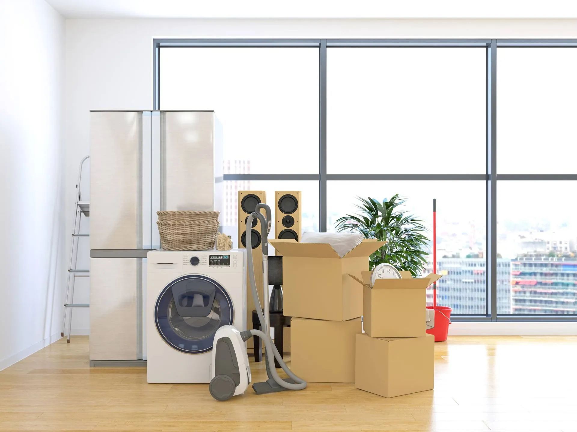 a living room with a washing machine , refrigerator , vacuum cleaner and boxes