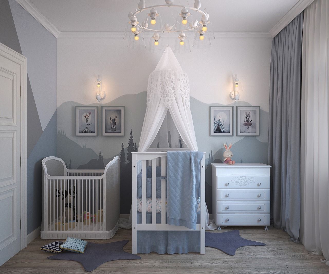 a  baby's room with a crib dresser and chandelier