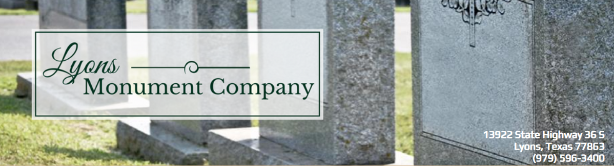 Lyons Monument Company logo over a background of granite tombstones in a cemetery, with address and phone number.