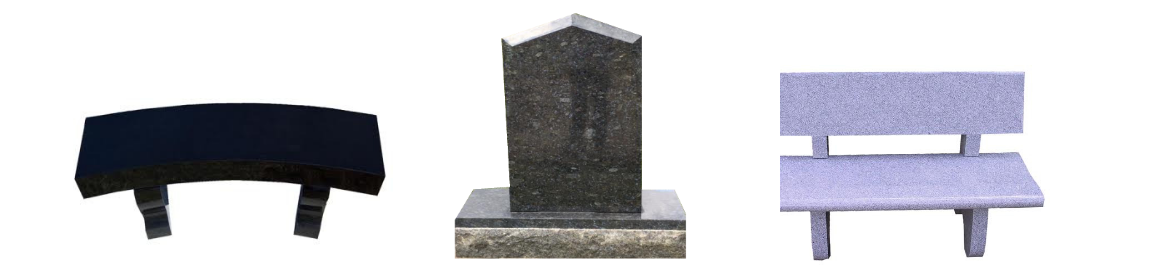Three stone benches: a black curved bench, a dark upright headstone-style bench, and a light-colored rectangular bench.