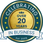 A badge that says celebrating over 20 years in business