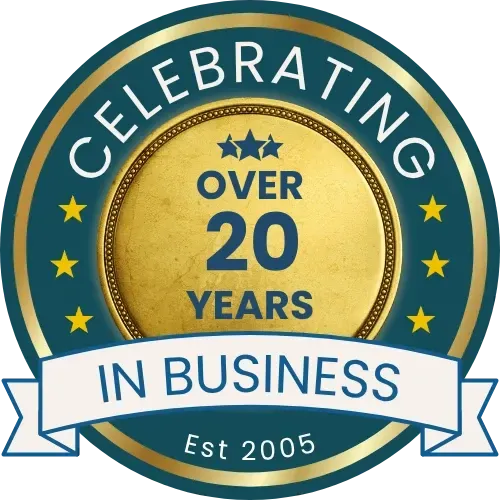 A badge that says celebrating over 20 years in business