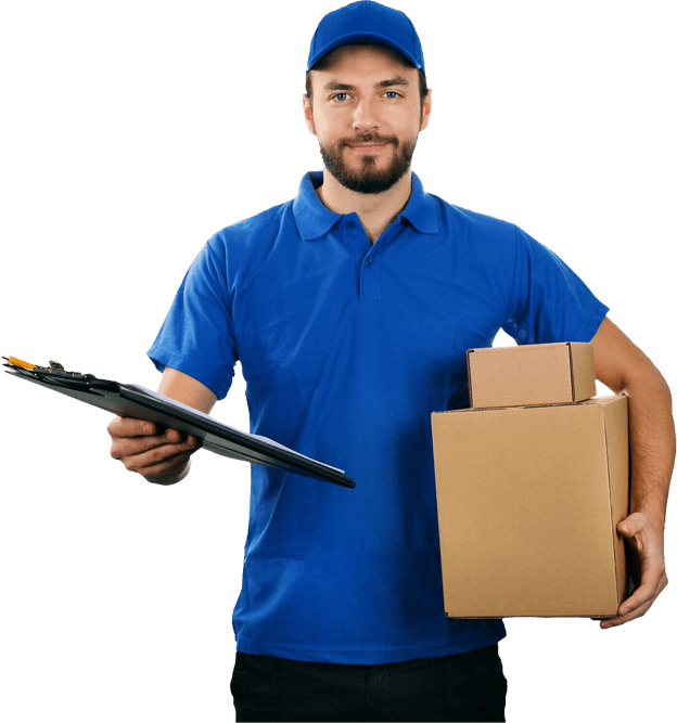 A delivery man in a blue shirt is holding a clipboard and a cardboard box.