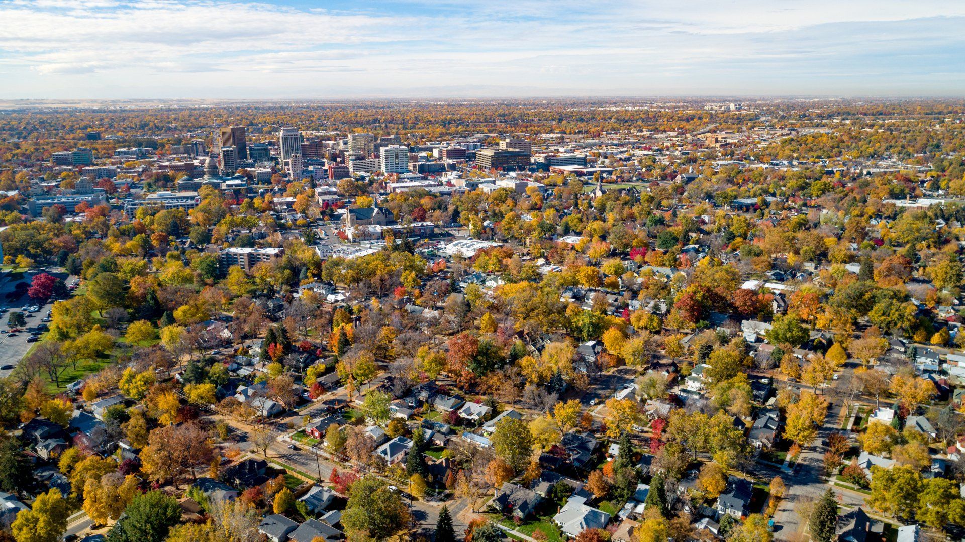 An aerial view of a residential area filled with lots of trees and houses.