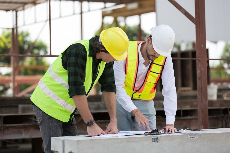 Two construction workers in safety vests and hard hats reviewing blueprints on site.