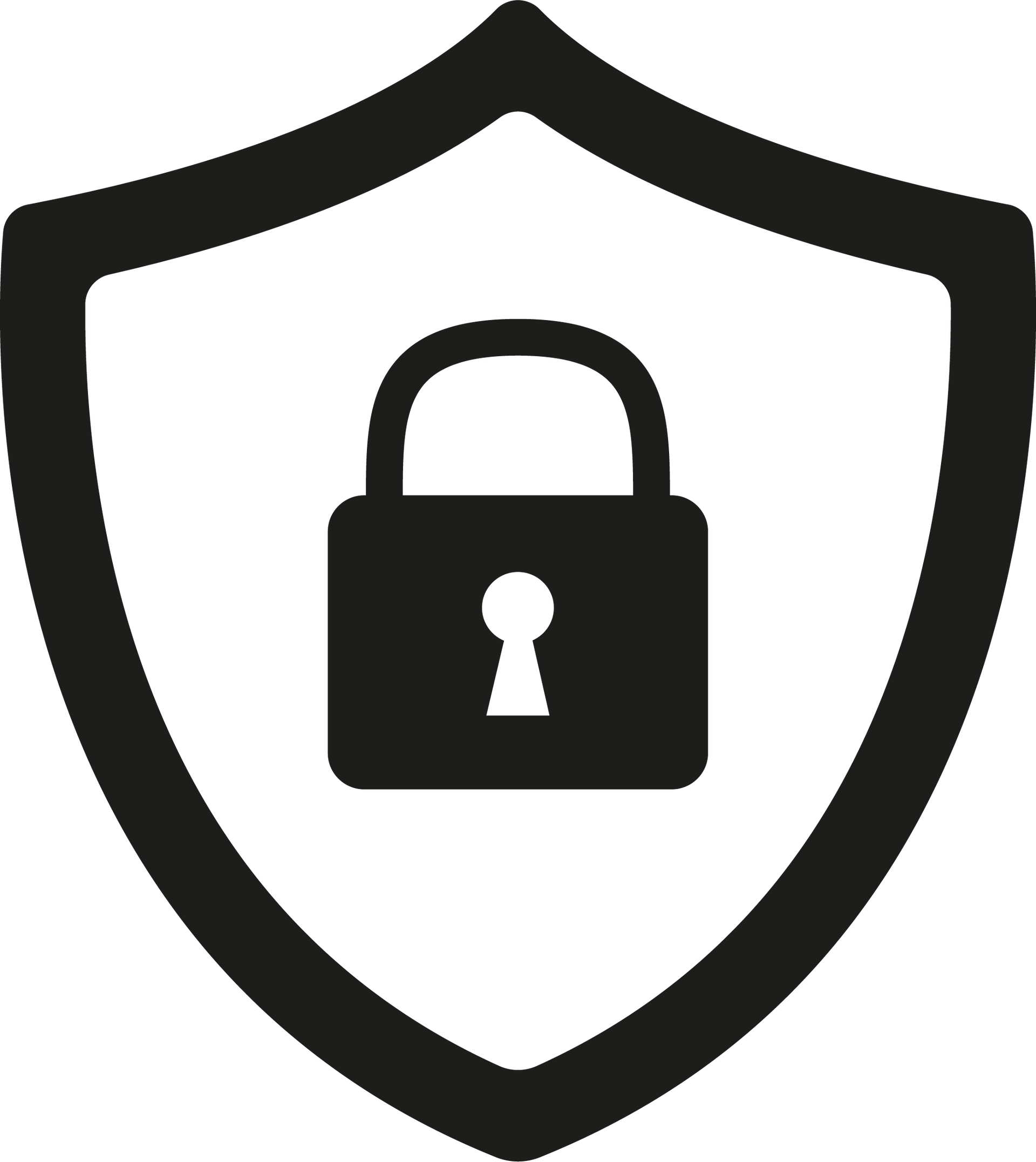 A black and white shield with a padlock inside of it.