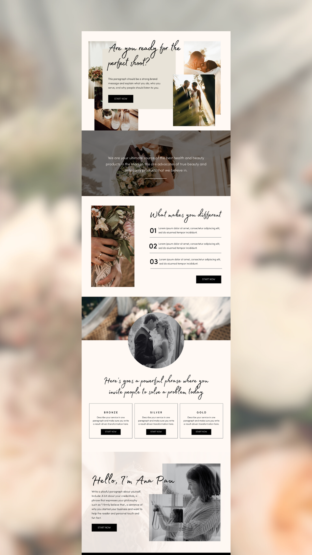 wedding photographer sales page design wireframe