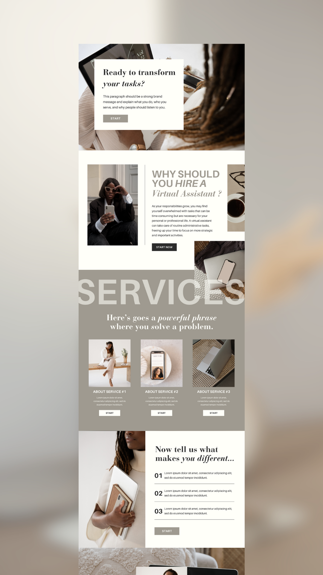 virtual assistant sales page design wireframe
