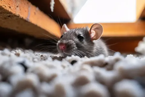 Gray rat peeking out from under wood beam, amid white insulation; close-up, focused gaze.