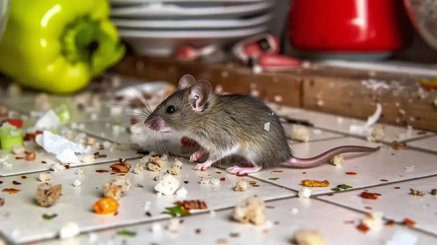 Mouse on a messy kitchen floor, surrounded by food scraps, green pepper, and plates.