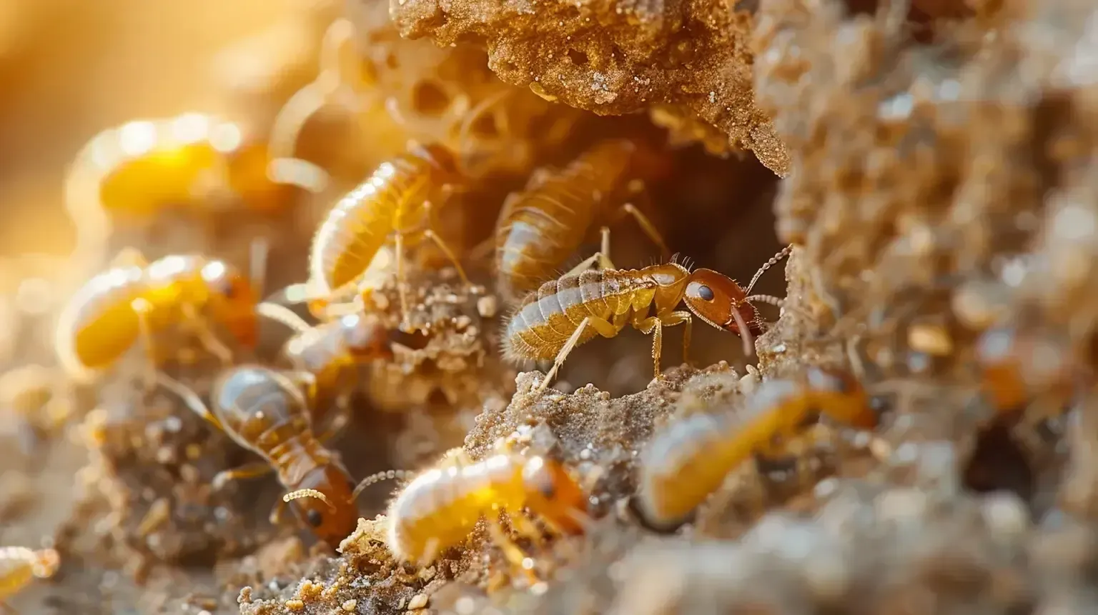 Termites inside a nest, light brown insects crawling in a porous, earthen environment.