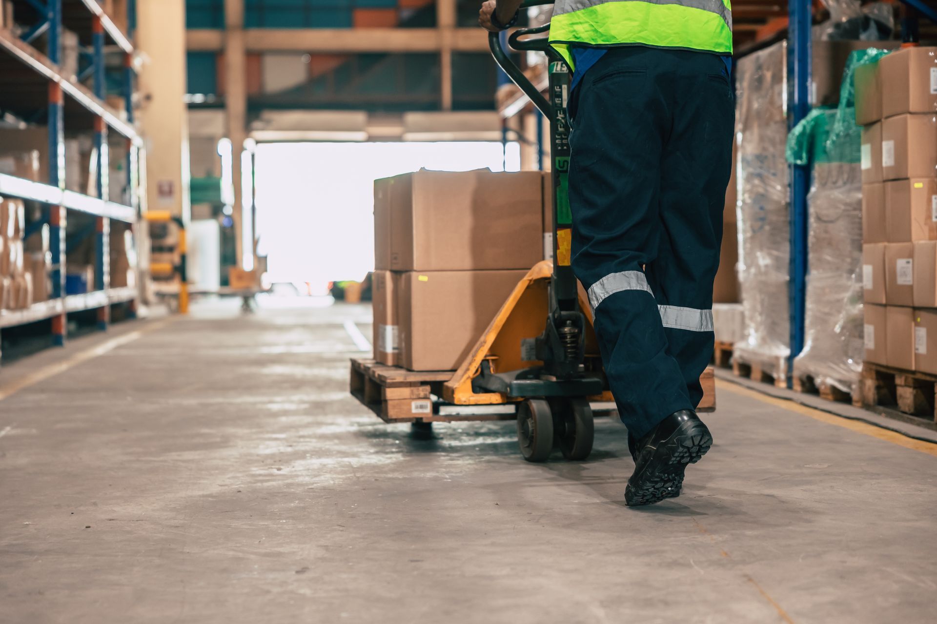 a man is moving pallets in a warehouse 