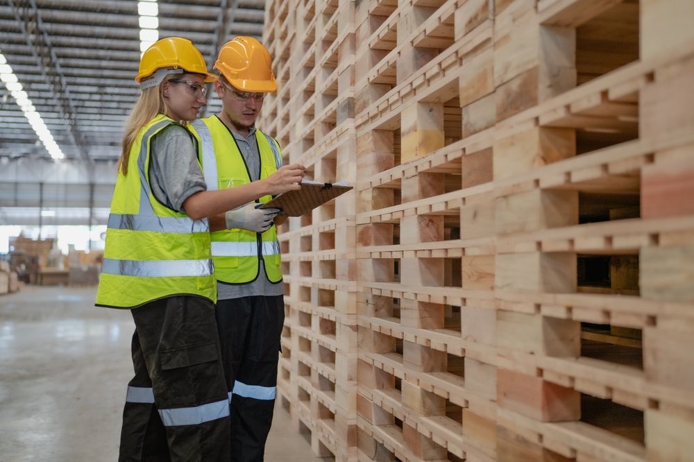 Two workers are looking at a clipboard in a warehouse.