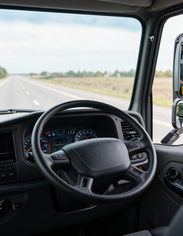 Interior cab view from driver perspective showing dashboard and highway