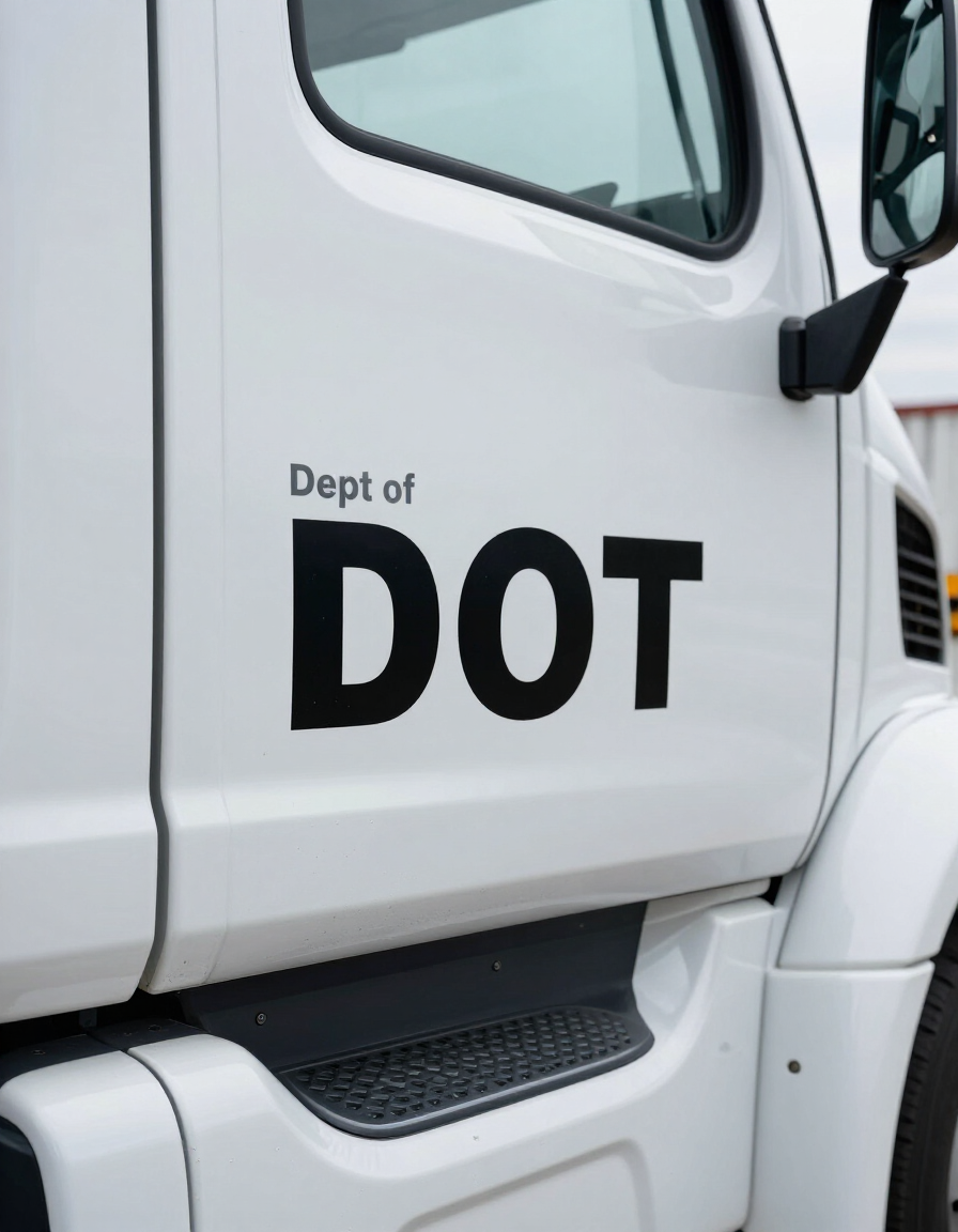 Official DOT number markings on a clean white semi-truck cab door