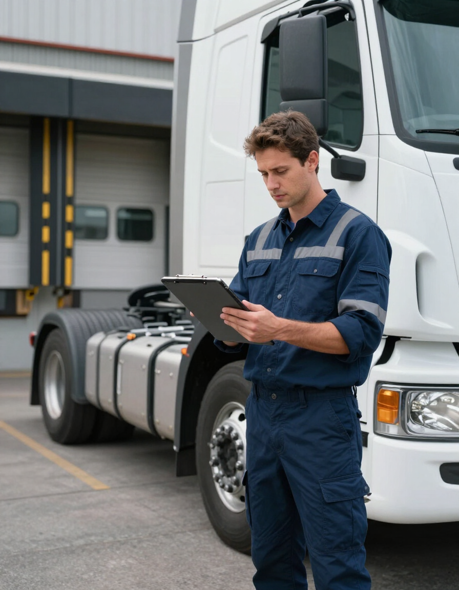 JS FREIGHT driver reviewing shipment details at distribution dock