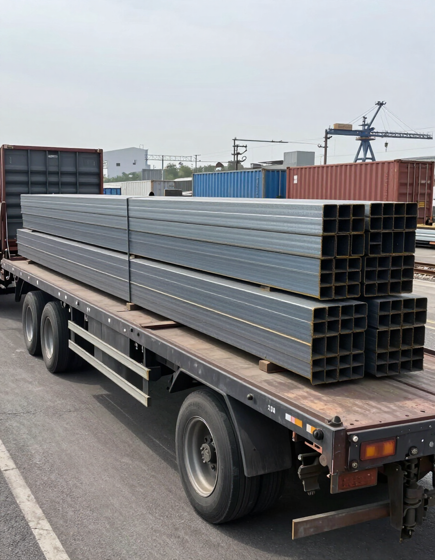 Flatbed trailer loaded with steel beams at a freight yard